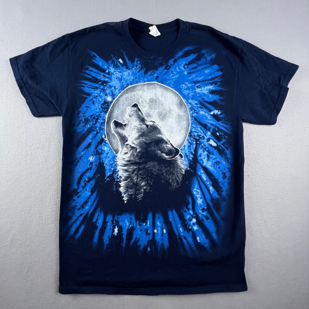 Gildan Wolf Howling Moon T-Shirt Mens Medium Blue‎ Black Graphic Tee Nature Goth